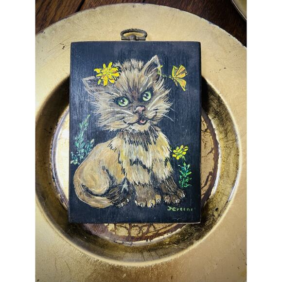 Vintage Original Oil Painting Green-Eyed Kitten Signed by Artist - Picture 1 of 5